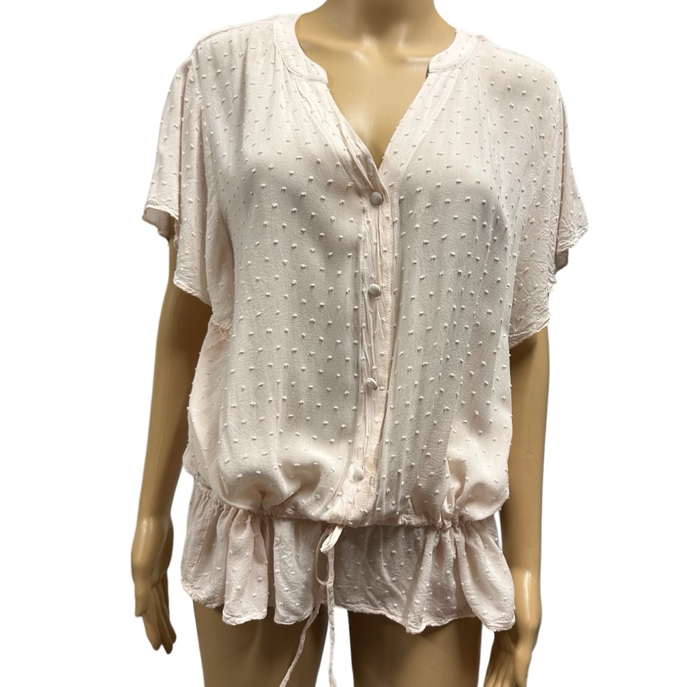 Alyx Pink Rayon Swiss Dot Flutter Sleeve Button Up Drawstring Waist Blouse XL